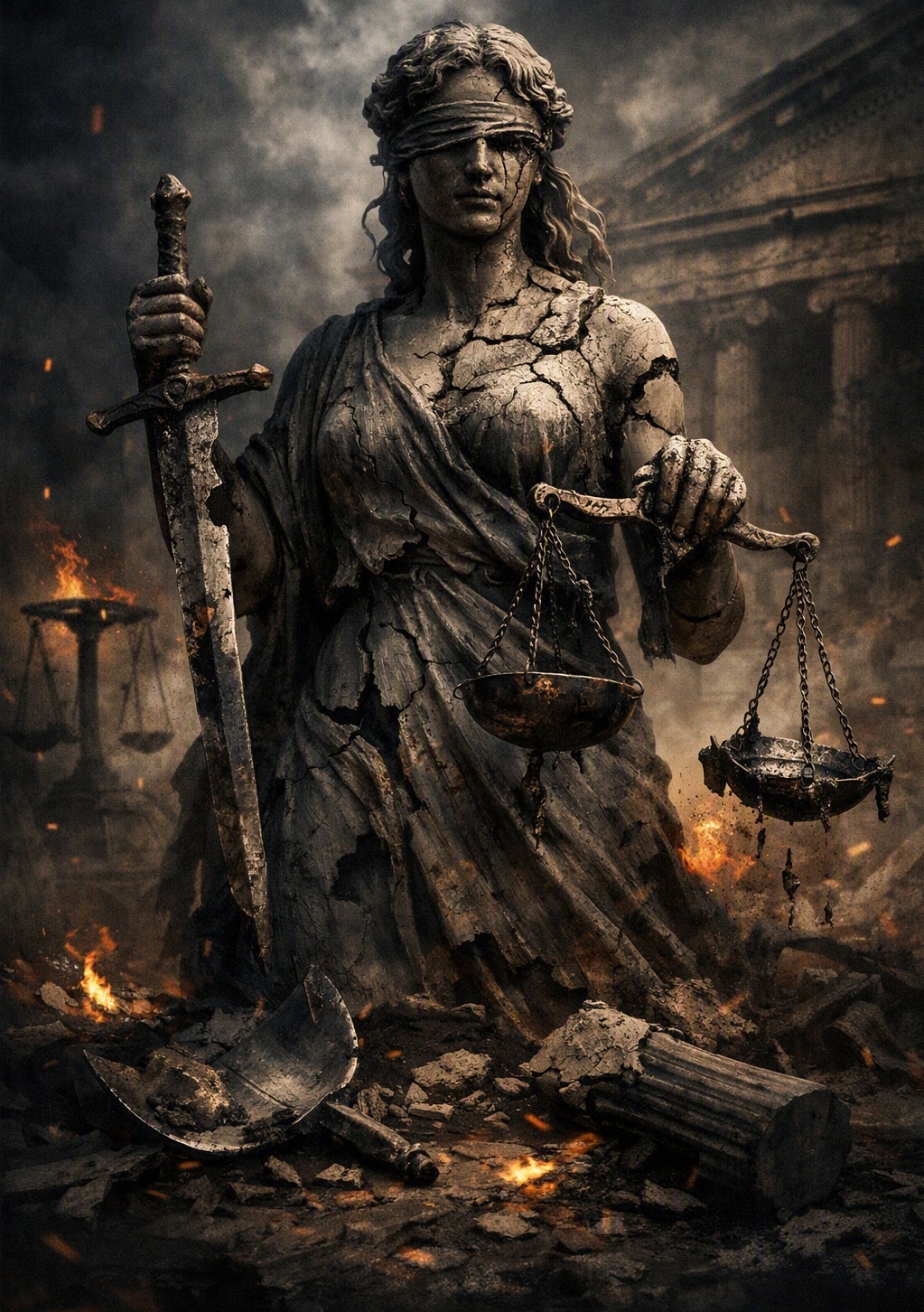 Justice déchue. Statue de femme en pierre fissurée tenant une épée et une balance, dans un décor en ruines en flammes.